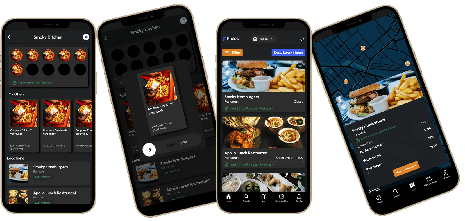 Four phones showing the Fides app: restaurant memberships, offers and a map